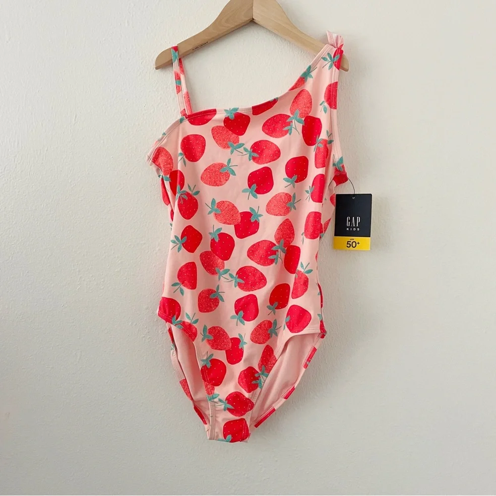 NWT Gap Kids Strawberry Faux Tie Shoulder One Piece Swimsuit Bathing Suit UPF 50